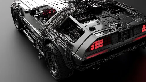 Futuristic stainless coupe exposes intricate cybernetic chassis.