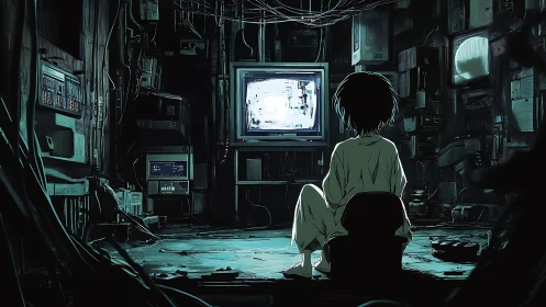 Solitary figure before static screen in cluttered control room.