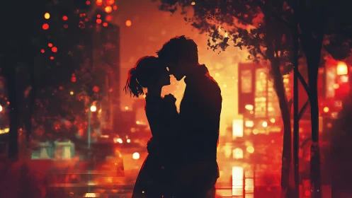 Midnight Kiss: Urban Passion Ablaze in Neon Glow.