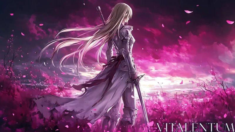 Anime knight stands in pink flower field at sunset sky.