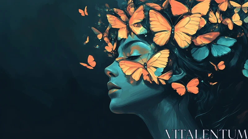 Woman profile with orange butterflies surrounding closed eyes