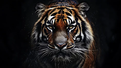 Intense tiger portrait emerges from darkness with fierce focus