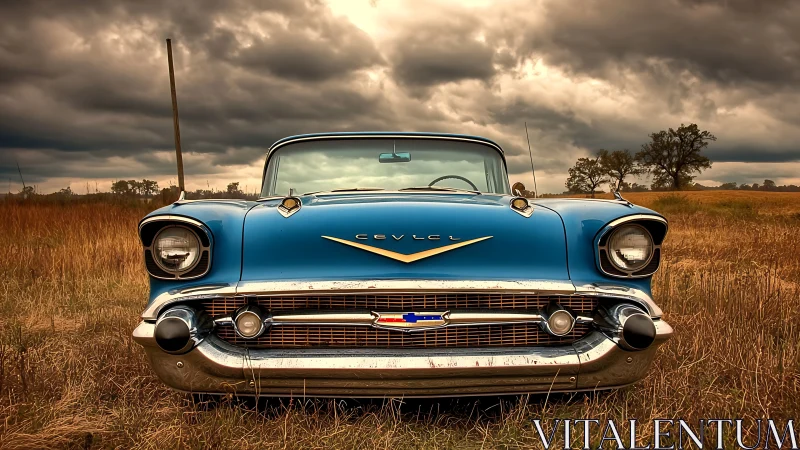 Storm-chasing blue classic car posing proud in wild prairie.