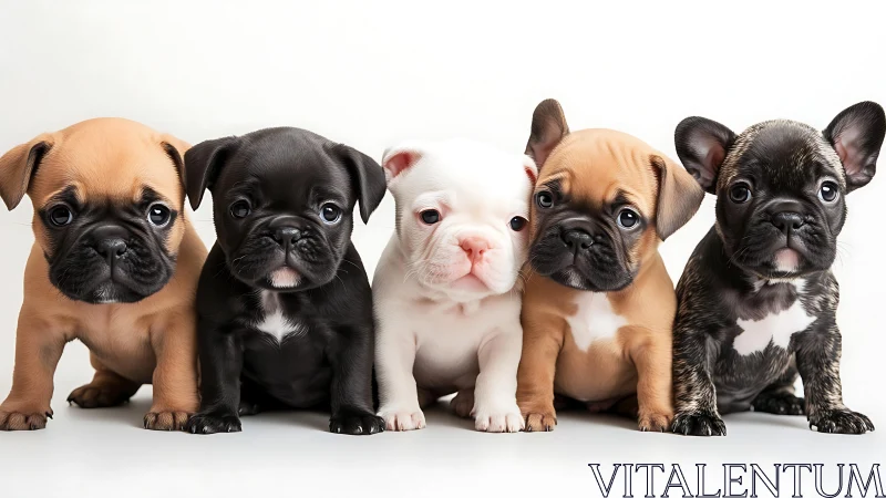 Line of French bulldog puppies sit against a white backdrop.