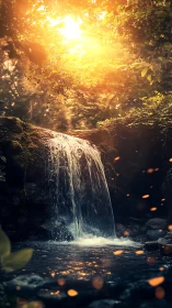 Volumetric forest waterfall under refracted dusk illumination.