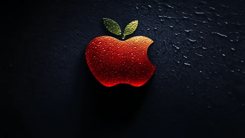 Apple-shaped red icon with surface droplets is illuminated