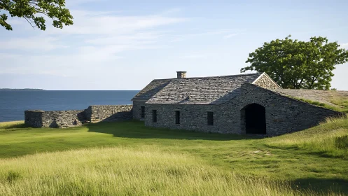 Stone cottage leans into the sea breeze on a quiet green hill