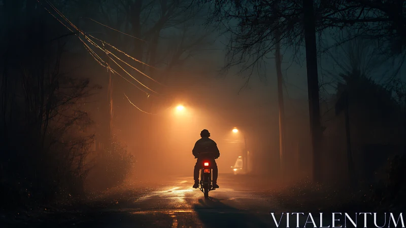 Motorcyclist on foggy suburban street under warm streetlights.