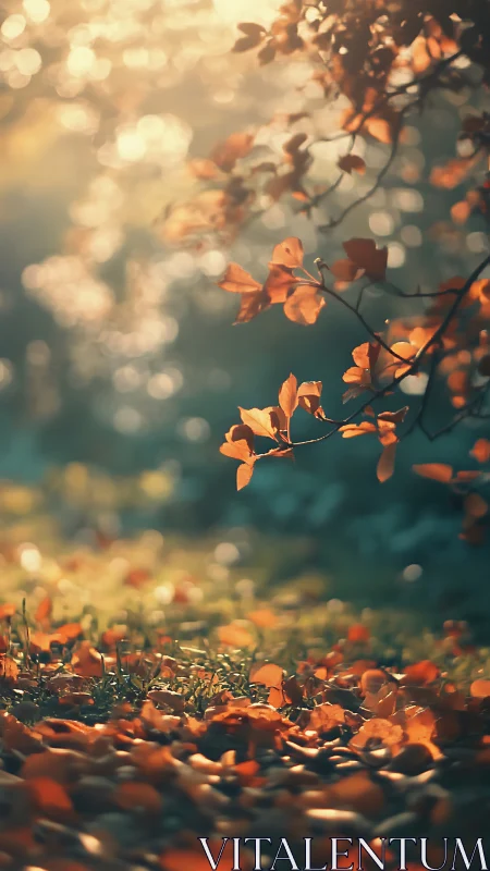 Autumn leaves on forest floor under soft morning backlight.