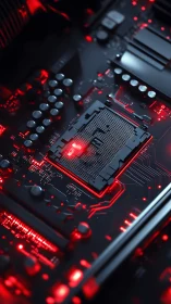 Close view of illuminated CPU socket on red lit motherboard.