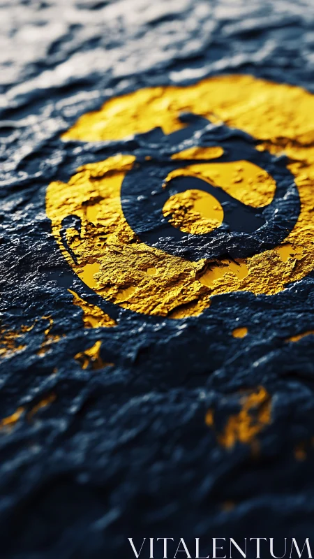 Macro close-up renders eroded yellow spiral emblem on stone