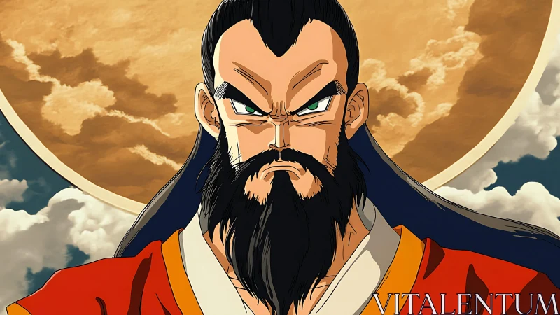 Bearded anime elder before large moon and clouded sky.