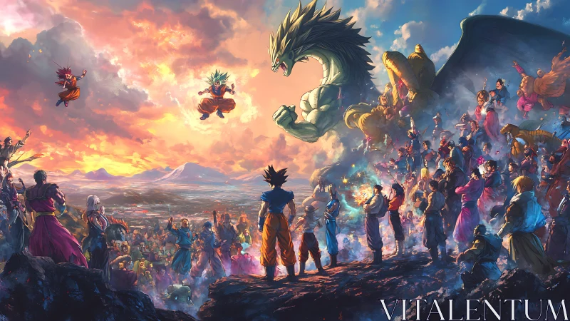 Sunset battle congregation under a roaring celestial dragon.