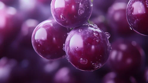 Close-up macro view of wet purple grapes on dark background.