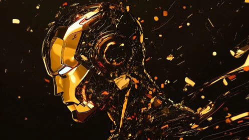 Golden futuristic android in a swirl of glowing fragments.
