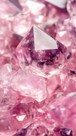 Macro study of faceted pink quartz crystals in soft focus.