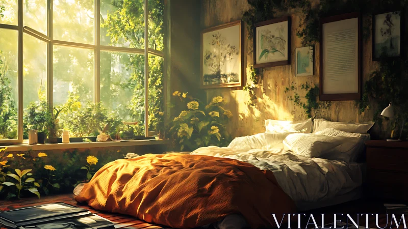 Sunlit botanical bedroom embraces lush indoor greenery.