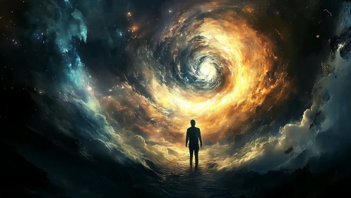 Solitary figure confronts a swirling cosmic vortex of light