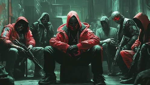Hooded armed gang sits in neon alley with cyber masks