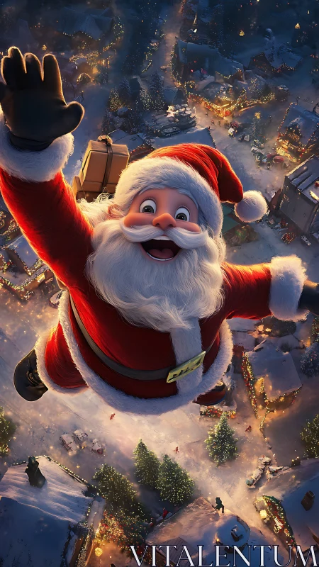 Joyful Santa soaring above glowing snowy Christmas village.