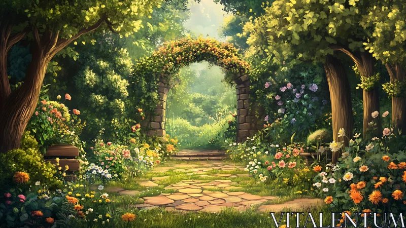 Sunlit garden archway quietly invites a gentle wandering