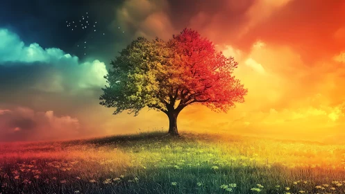 Solitary gradient tree unifies seasonal color spectrum at dusk