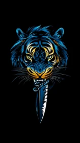 Neon blue tiger emblem merged with stylized dagger blade.
