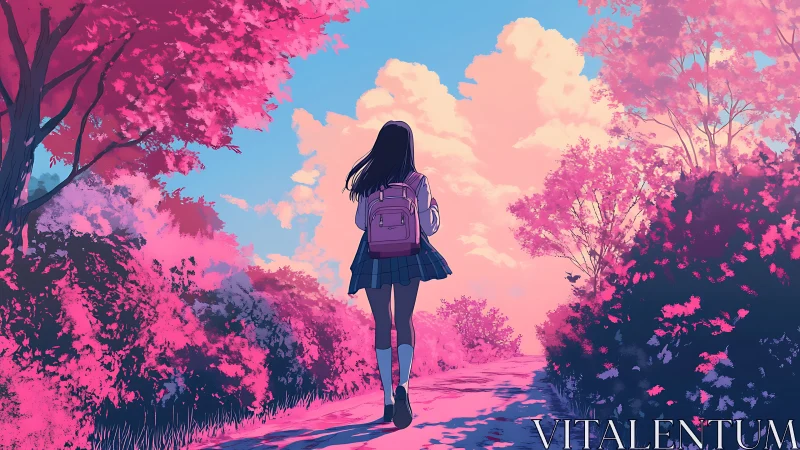 Girl walks alone on pink tree path under vivid evening sky