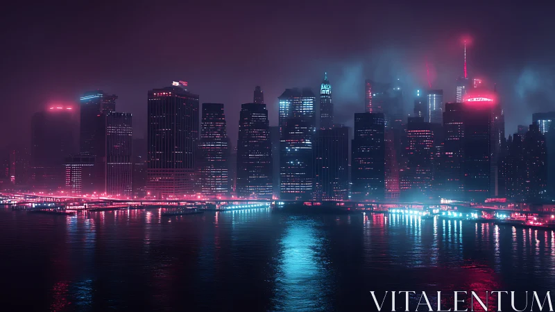 Neon skyline reflects across misty futuristic harbor waters