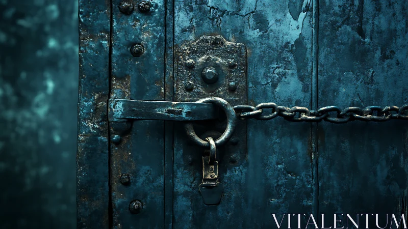 Rusted blue metal door with chain lock and padlock detail.