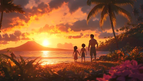 Family watches glowing island sunset in tropical paradise