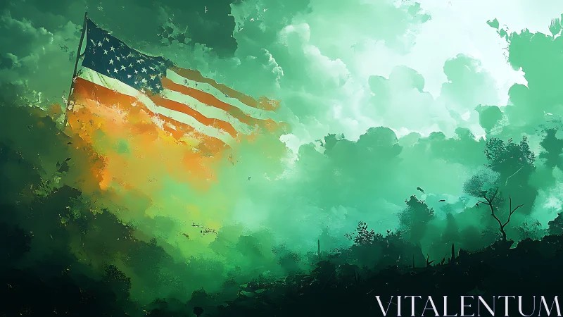 United States flag amid green atmospheric cloud formations.
