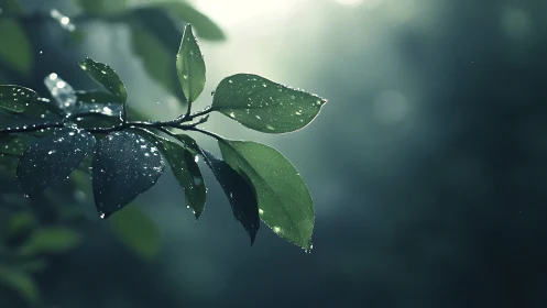 Morning dew on backlit leaves in soft forest haze.