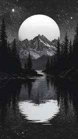 Monochrome moonrise crowns jagged mountains above forest lake