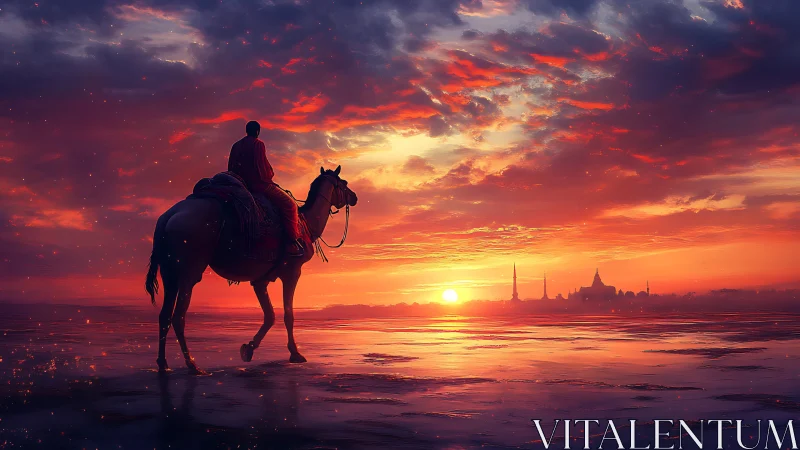 Silhouetted rider on horse against coastal sunset skyline.