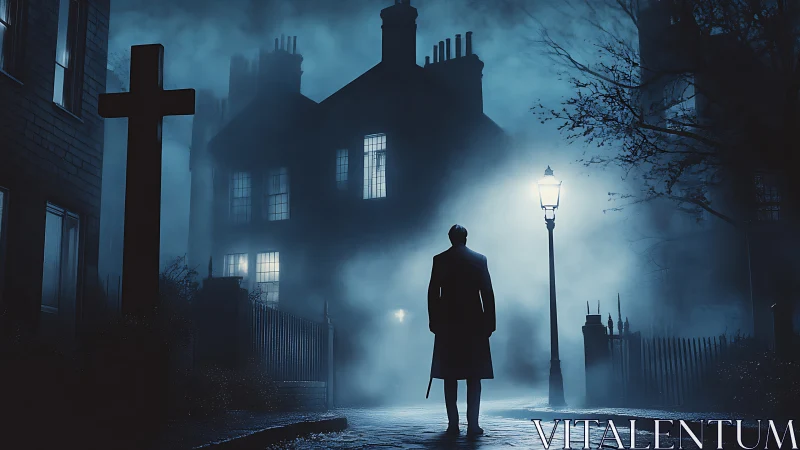 Solitary figure under lamplight surveys fog-shrouded Victorian street