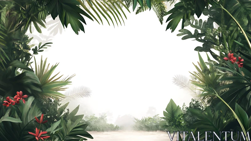 Lush jungle gateway framing misty path of quiet wonder.