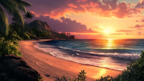Radiant tropical shoreline rendered in cinematic sunset hues