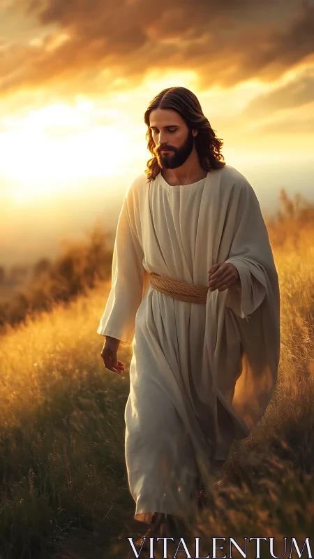 Gentle robed figure walking through golden evening light.