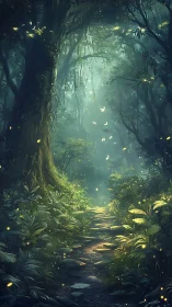 Enchanted Forest Path Glows with Golden Light and Floating Butterflies.