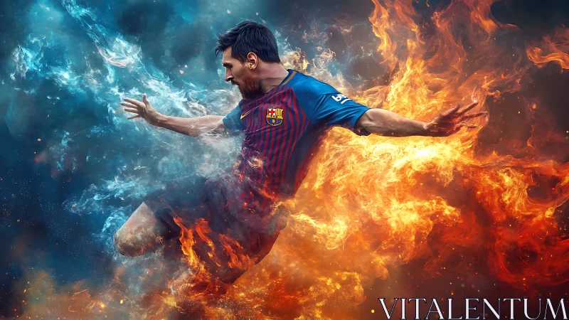 Soccer player leaps through blue smoke and orange flames