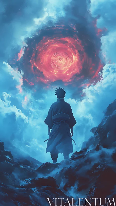 Lone warrior faces swirling crimson vortex in storm clouds.
