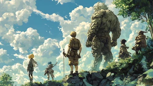 Adventuring party studies towering clouds under expansive anime sky