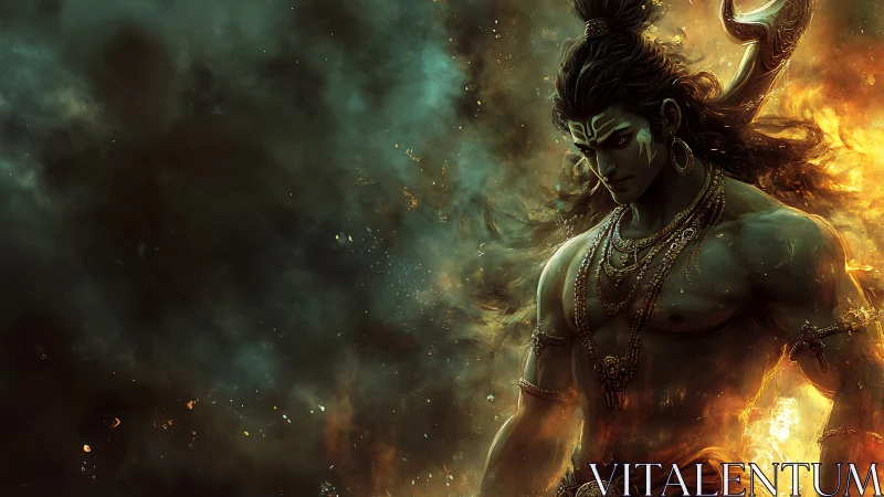 Stormforged warrior amid emerald smoke and searing flame.