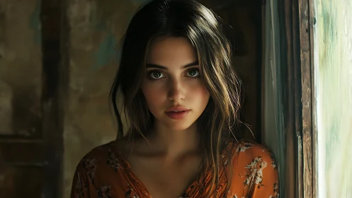 Calm young woman by window in softly lit rustic room.