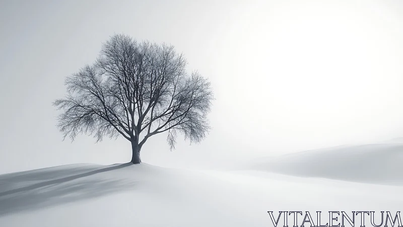 Solitary winter tree casting long shadow on snowfield.