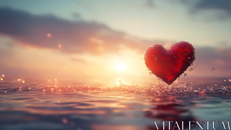 Crystal Heart Rising Through Golden Sunrise Waters.