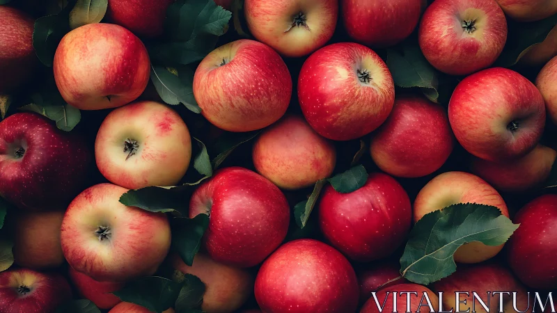 Crimson apples layered with leaves in tight rustic cluster.