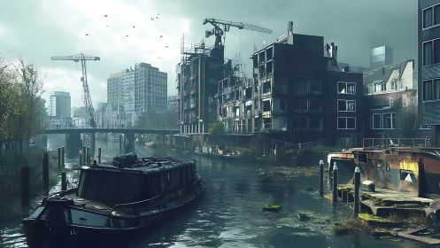 Quiet canal drifts through a misty, crumbling cityscape