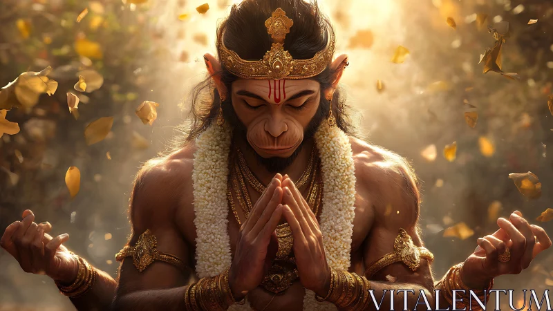 Divine simian yogi in radiant golden meditation aura.